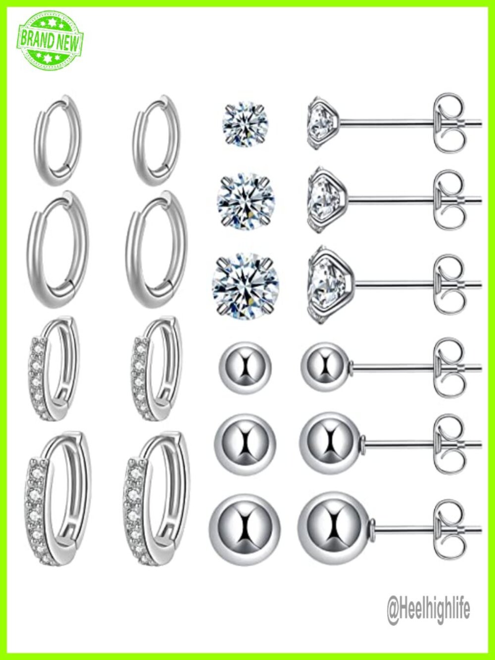 Surgical Steel Huggie Hoop CZ Stud Earrings Set Hypoallergenic 10 Pairs